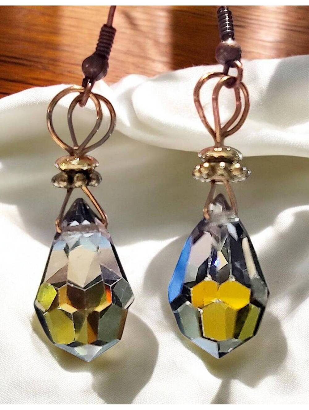 Swarovski Crystal Teardrop Earrings, Faceted Briolette, Olivine AB, Rare Vintage